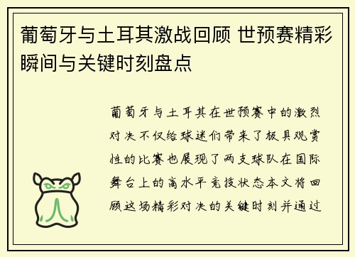 葡萄牙与土耳其激战回顾 世预赛精彩瞬间与关键时刻盘点