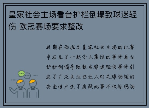 皇家社会主场看台护栏倒塌致球迷轻伤 欧冠赛场要求整改 皇家社会主场看台护栏倒塌致球迷轻伤 欧冠赛场要求整改
