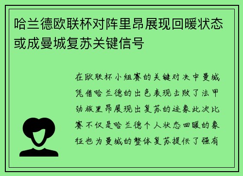 哈兰德欧联杯对阵里昂展现回暖状态或成曼城复苏关键信号 哈兰德欧联杯对阵里昂展现回暖状态或成曼城复苏关键信号